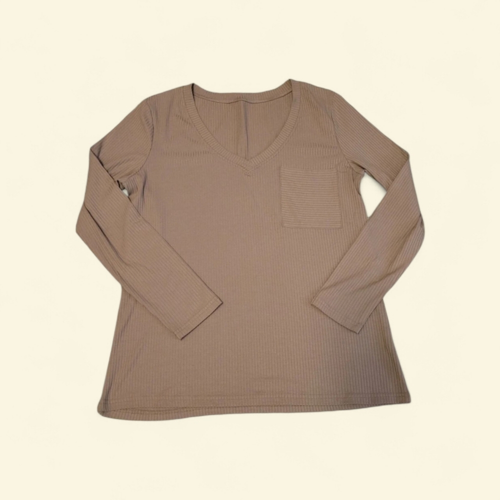 Women's V-Neck Ribbed Top - Tan Size XL - Picture 1 of 5